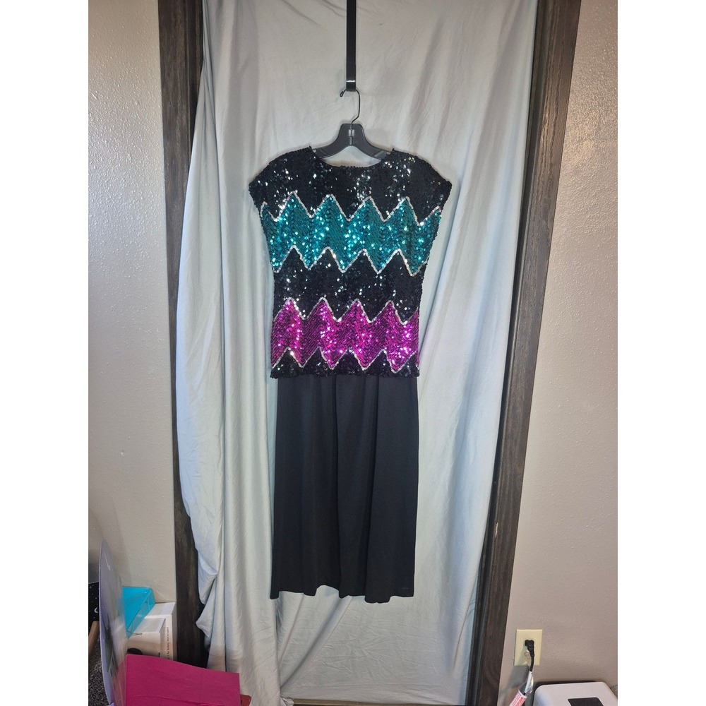 Toni Todd Vintage 80s Sequin Chevron Midi Dress Black Teal Magenta Womens 12